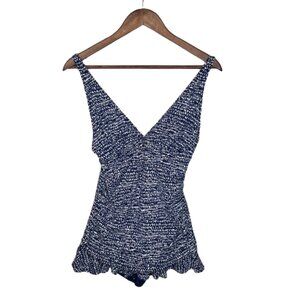 La Blanca Womens One Piece‎ Swimsuit Size 8 Blue White Swim Dress Ruffled Hem